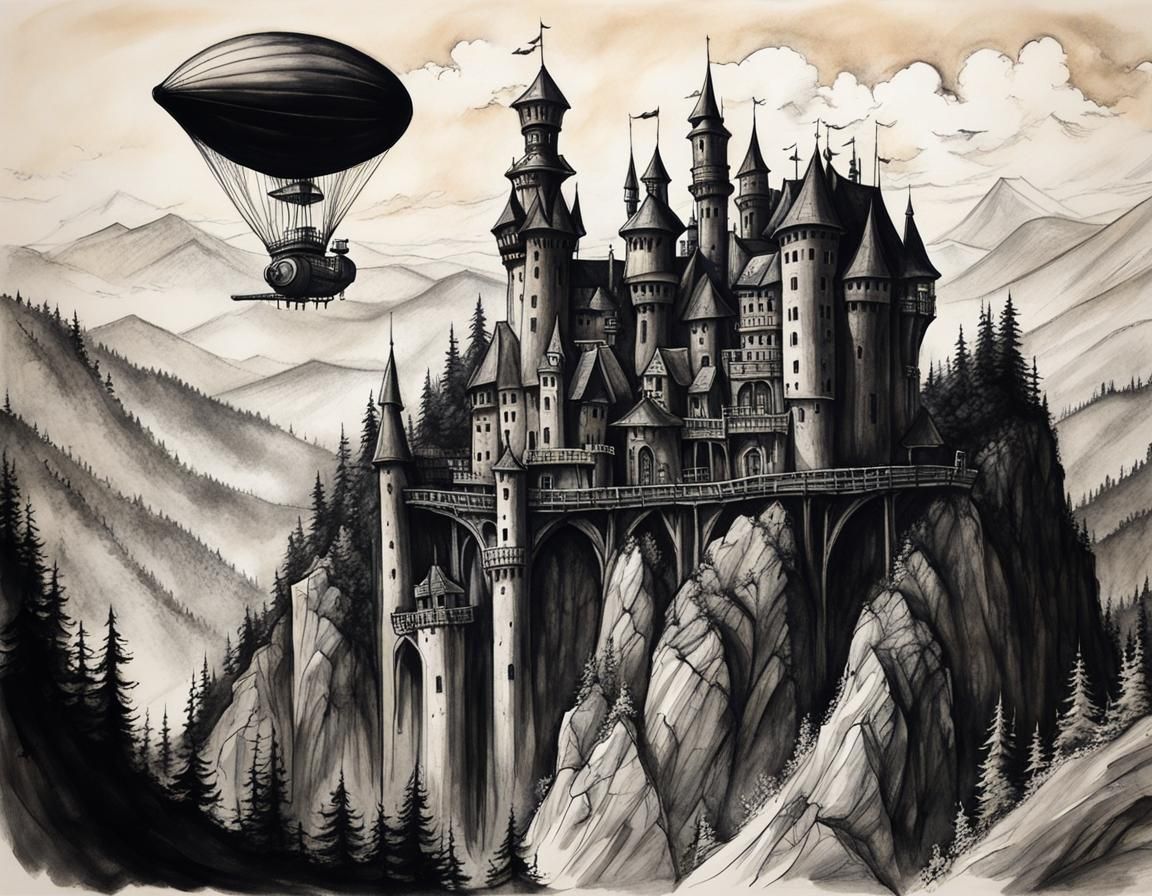 Steampunk Castle with Airships in Black and White