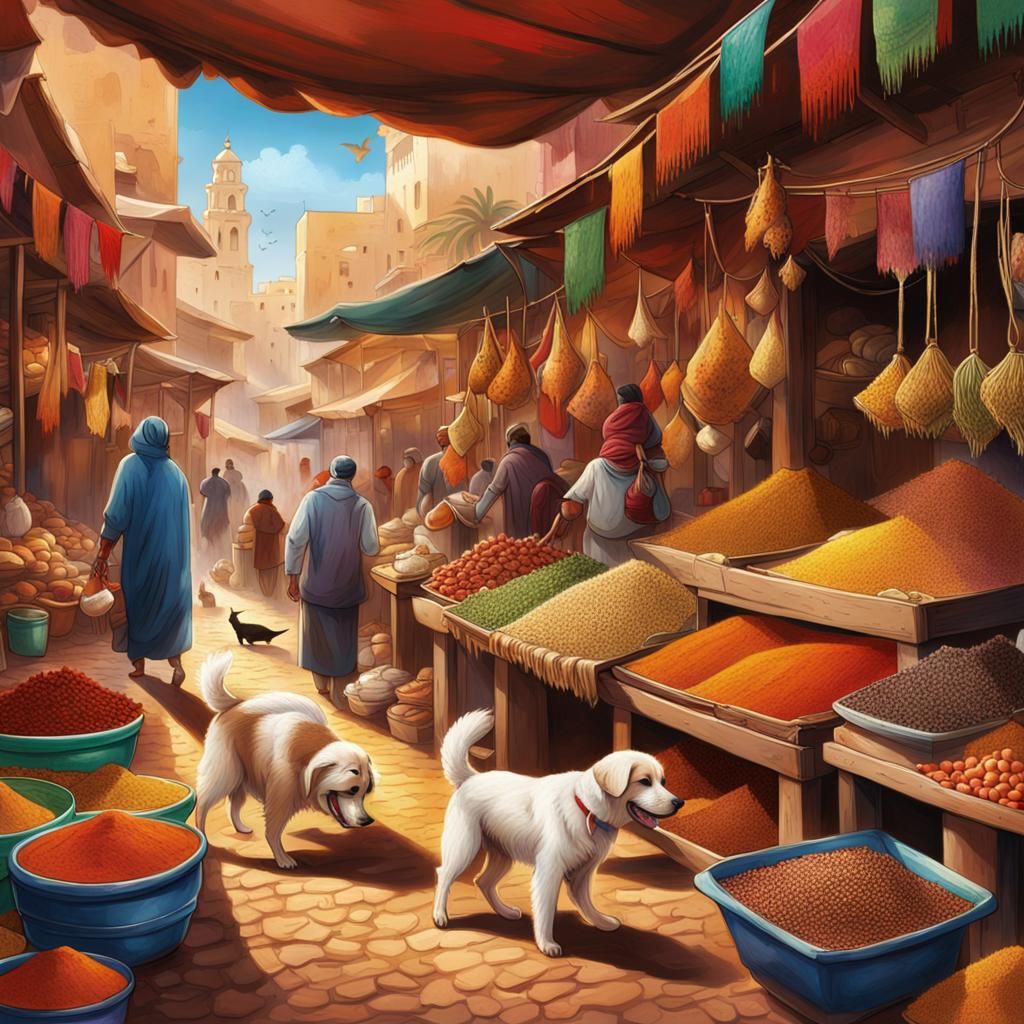 Humorous Scene: Dog and Cat Steal Chicken in Moroccan Market