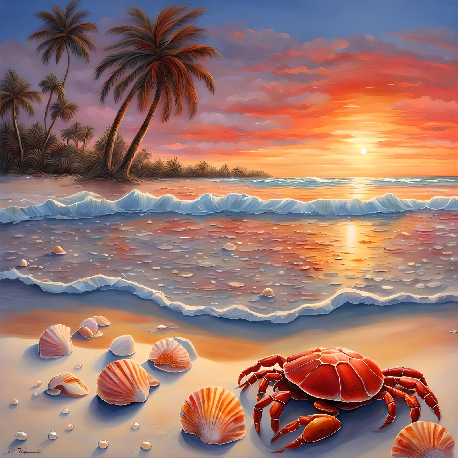 Dawn Beach Scene with Shells, Pearls, and Crab