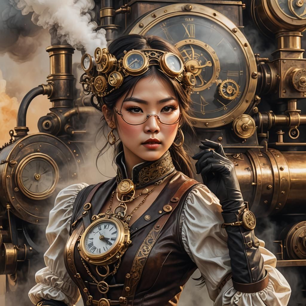 Steampunk Asian Woman with Brass Pocket Watch