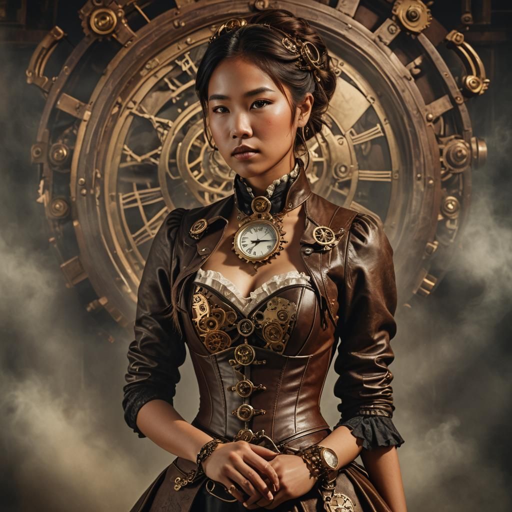 Steampunk Portrait of an Asian Woman with Brass Accents