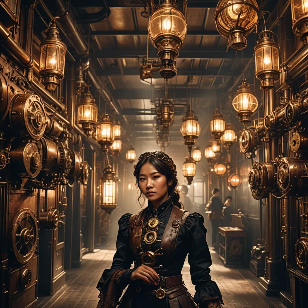Steampunk Asian Woman in Industrial Victorian Setting