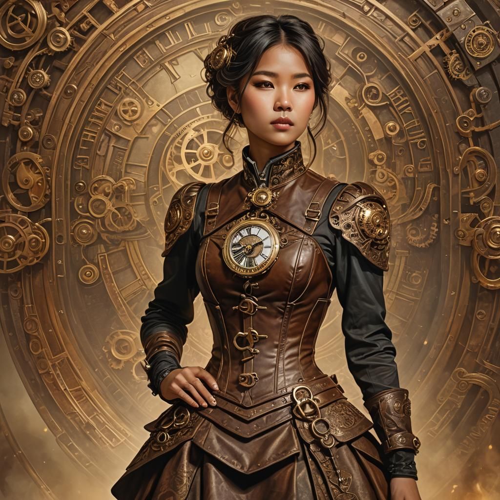 Steampunk Asian Woman Portrait with Brass Pocket Watch