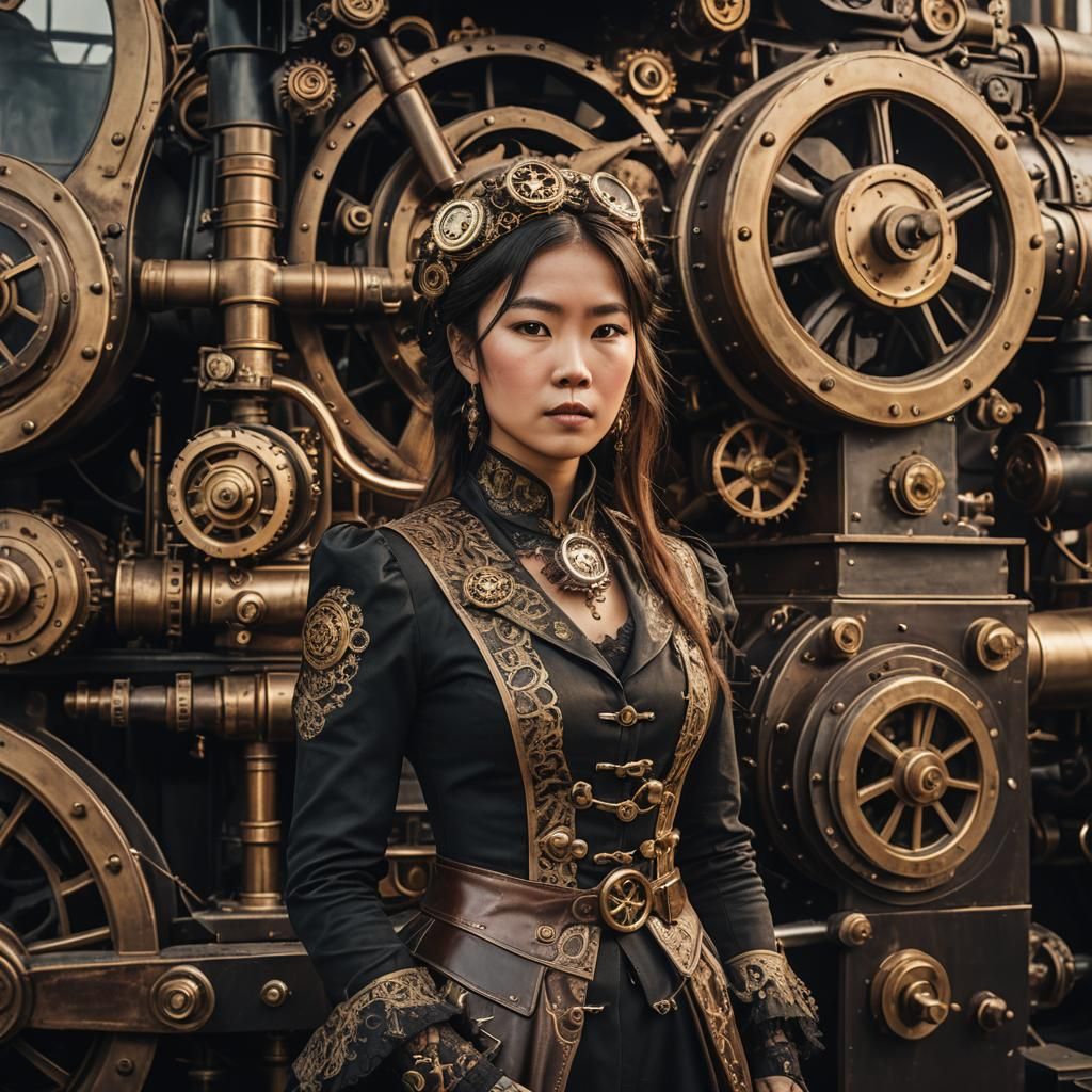 Steampunk Asian Woman Portrait with Brass and Gears