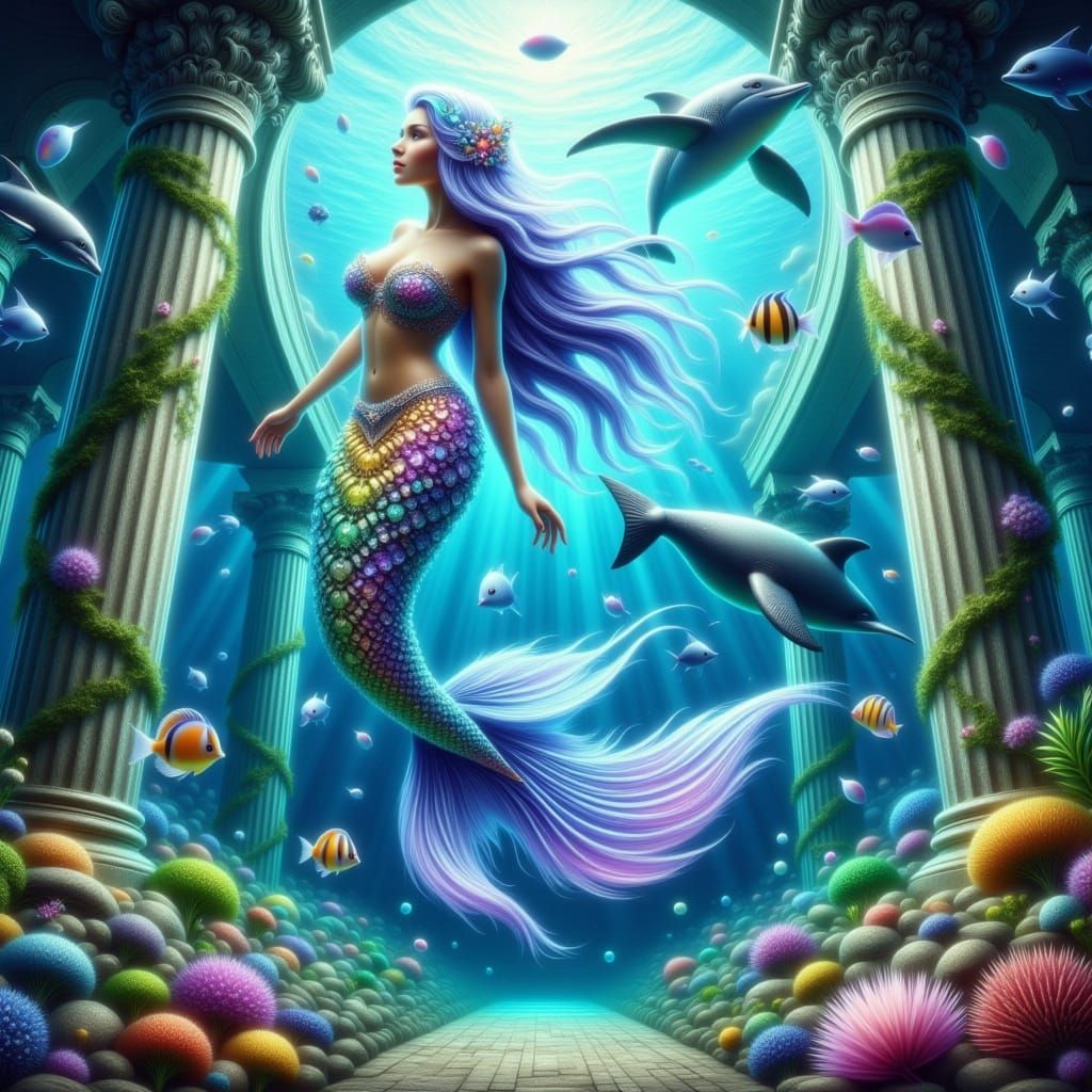 Ethereal Mermaid in Atlantis Ruins, Swirling with Underwater...