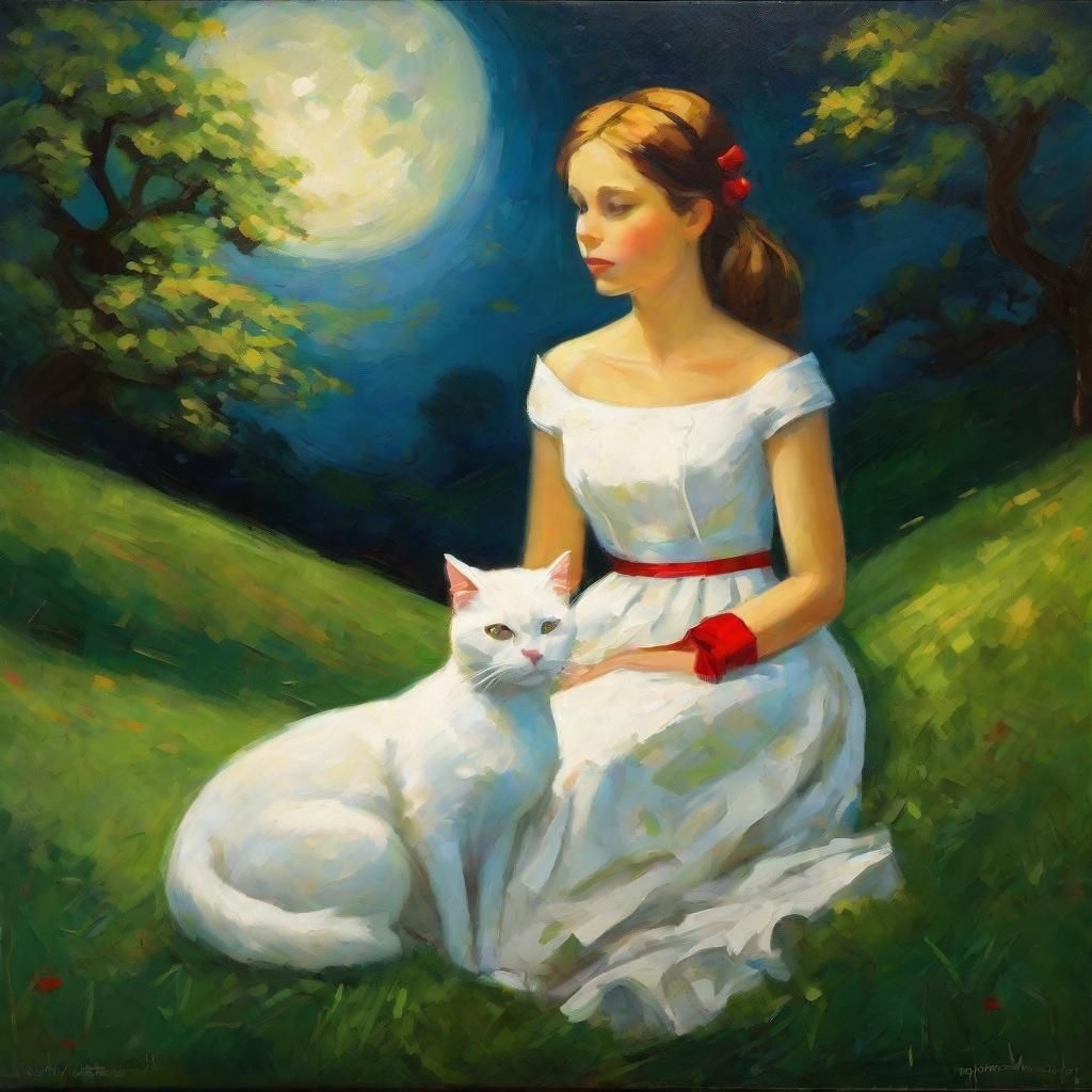 Girl and Cat Gazing at Moon in Neo-Impressionism Style