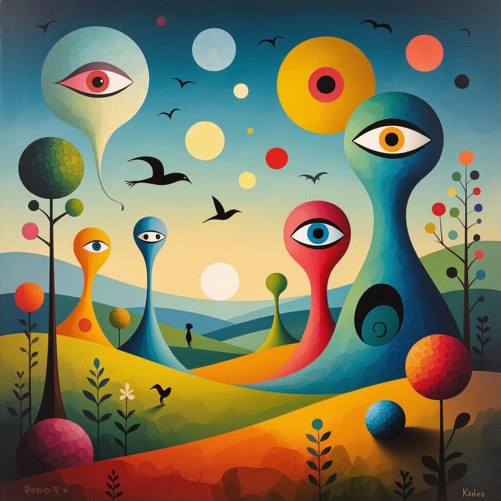 Surreal Landscape with Dreamlike Creatures in Vivid Colors