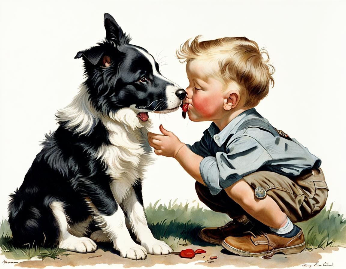 Boy and Puppy Kiss Inspired by Rockwell