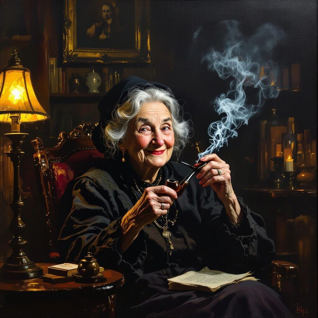 Mysterious Woman in Moody Oil Painting Parlor