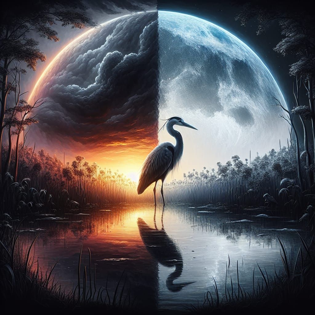 Heron Silhouette in Sunrise and Moonrise Fantasy Artwork