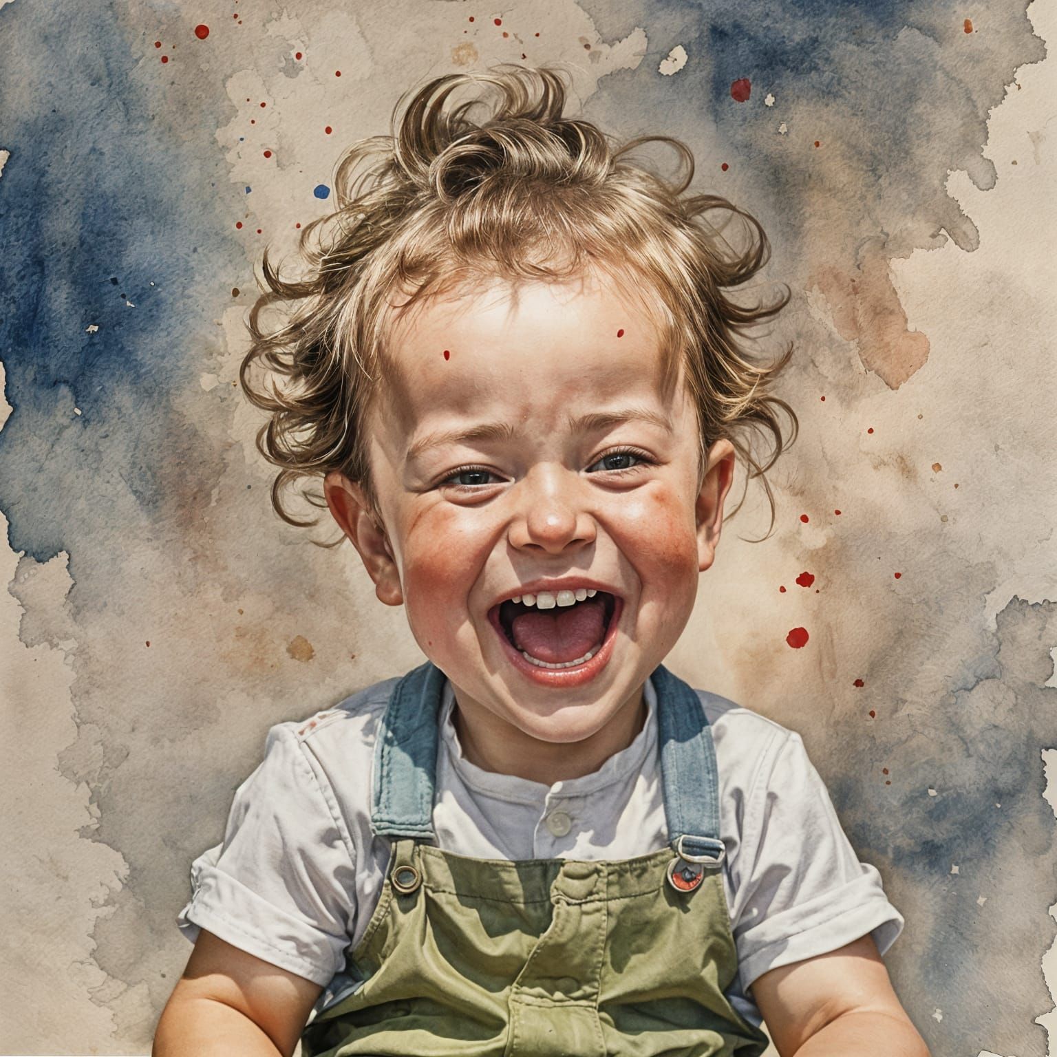 Toddler Laughing in Watercolor, Rockwell Style
