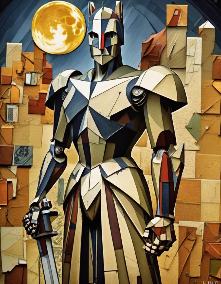 Cubist Knight Raises Sword to the Moon