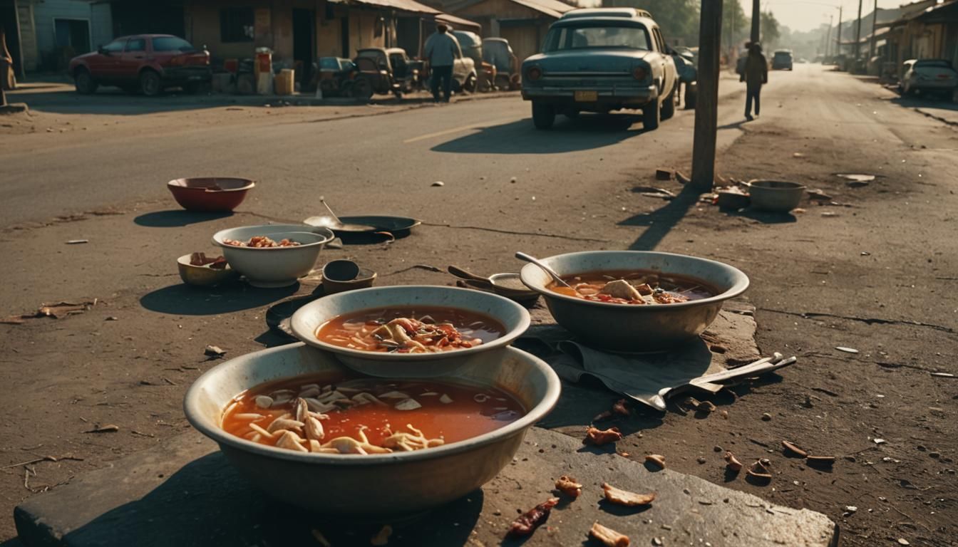 Eerie Chicken Soup Still Life in Cinematic Style