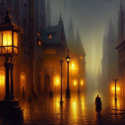Rainy Medieval Alley with Lantern: Detailed Matte Painting