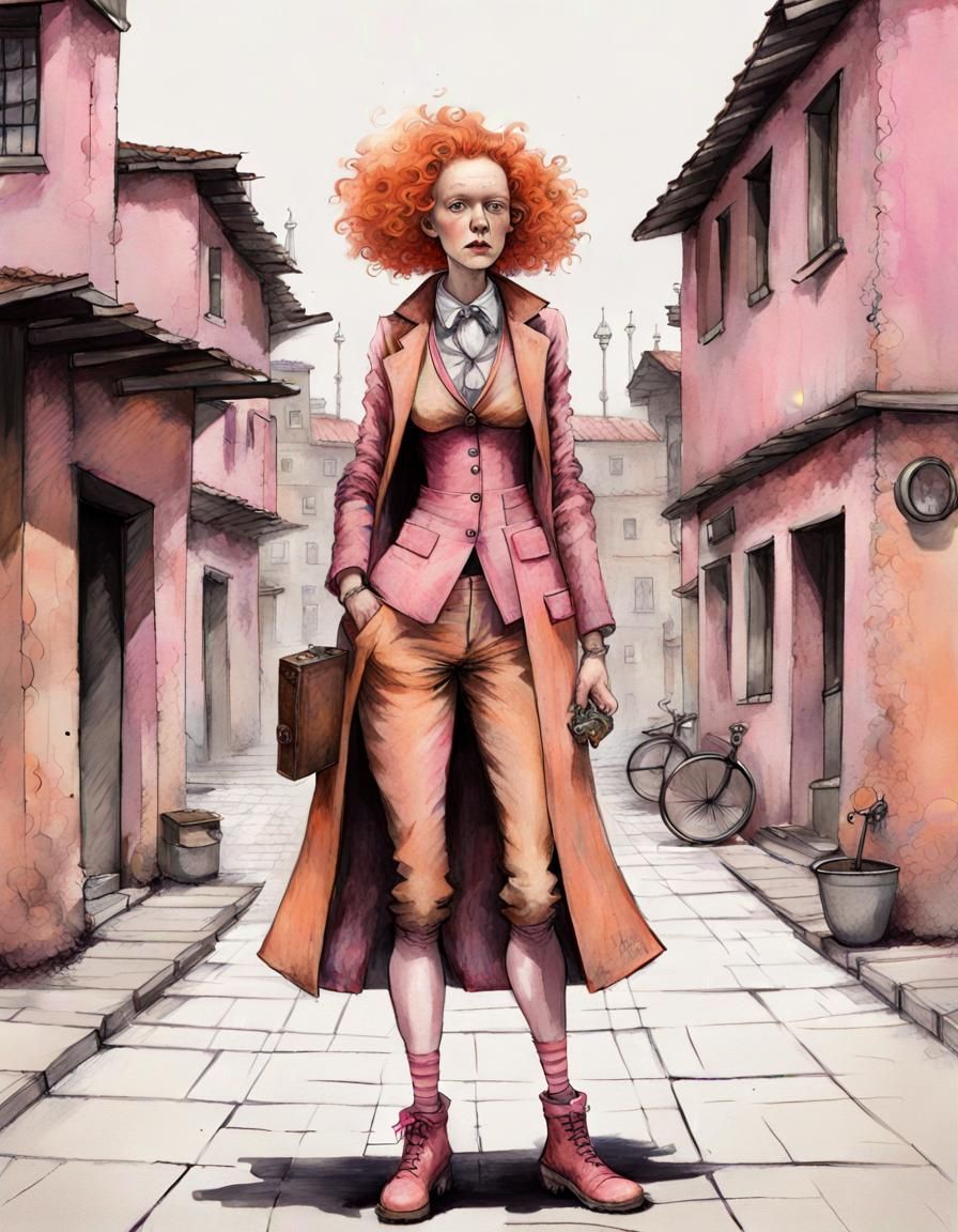 Eccentric Woman Patrolling Village Square in Art Brut Style
