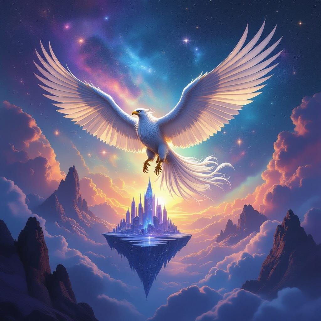 Majestic Griffin Soars Through Cosmic Nebula Above Crystalli...