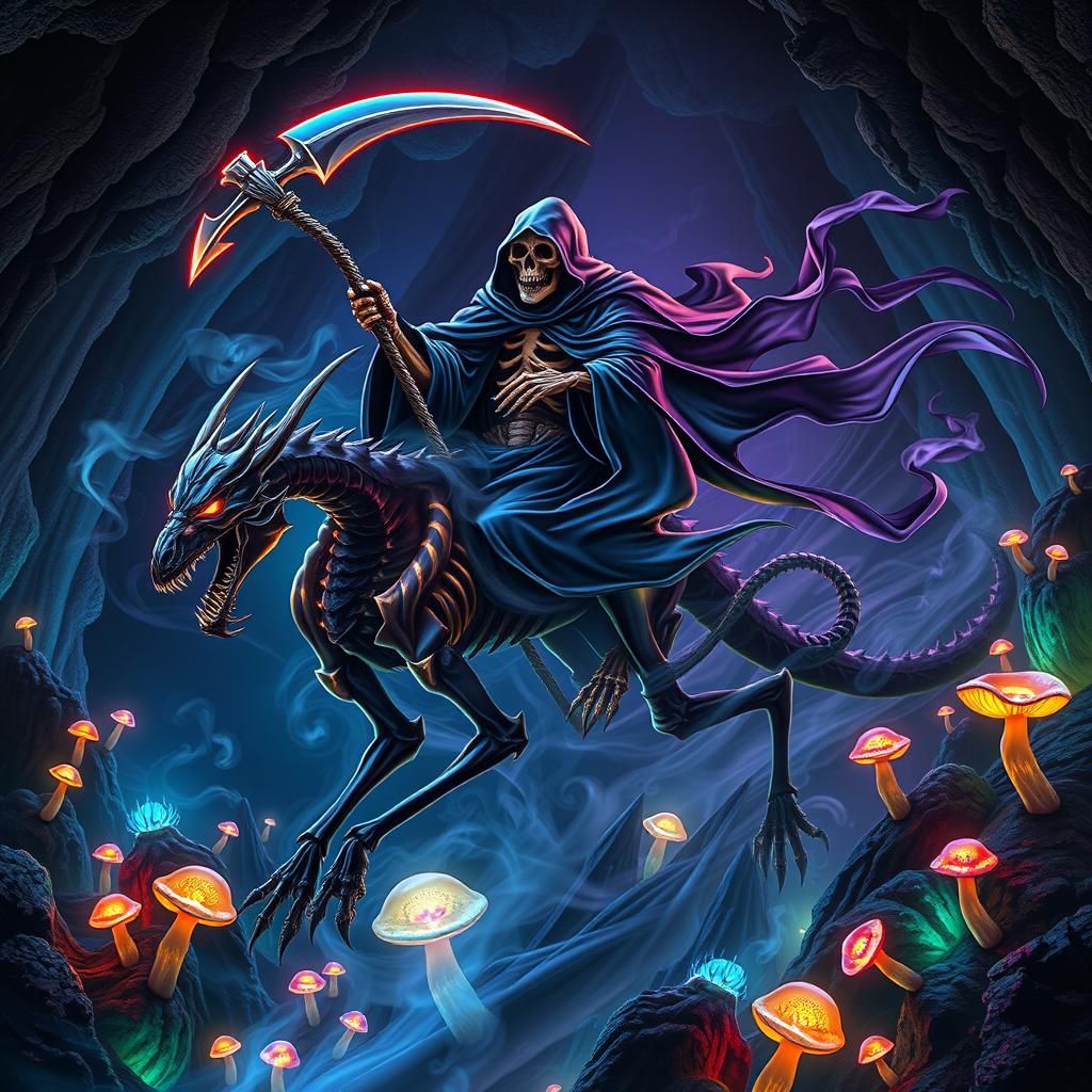Grim Reaper on Dragon in Bioluminescent Cave