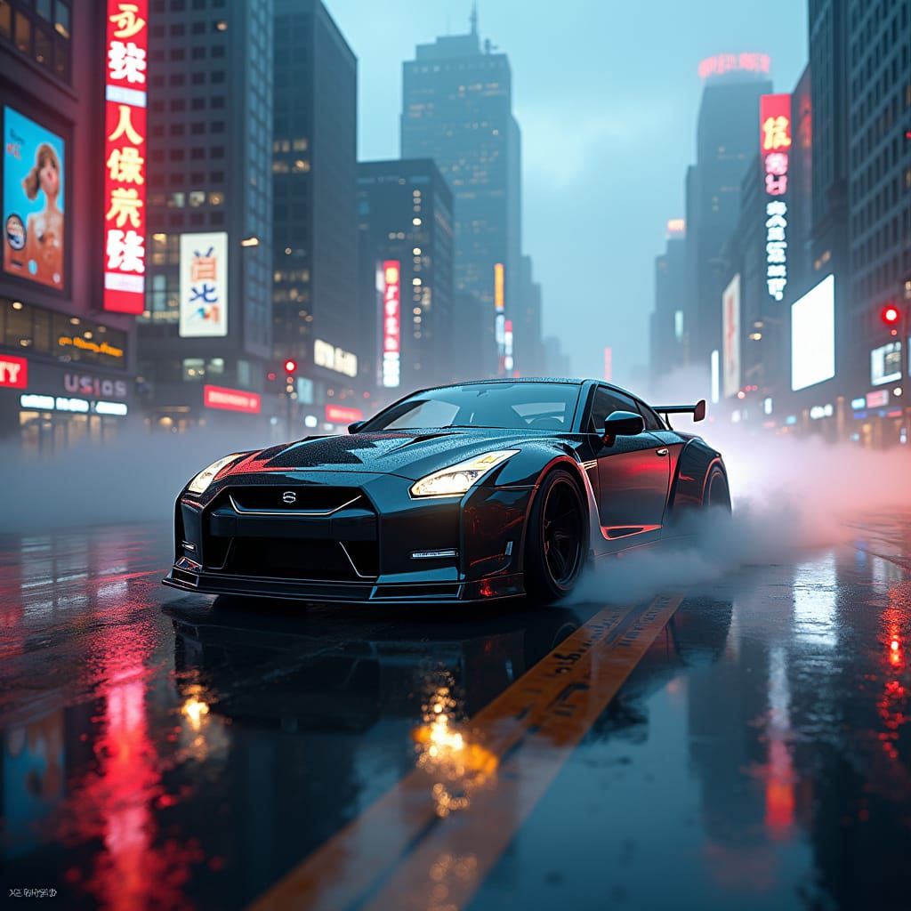 Nissan Skyline Races Through Dystopian Cyberpunk Cityscape