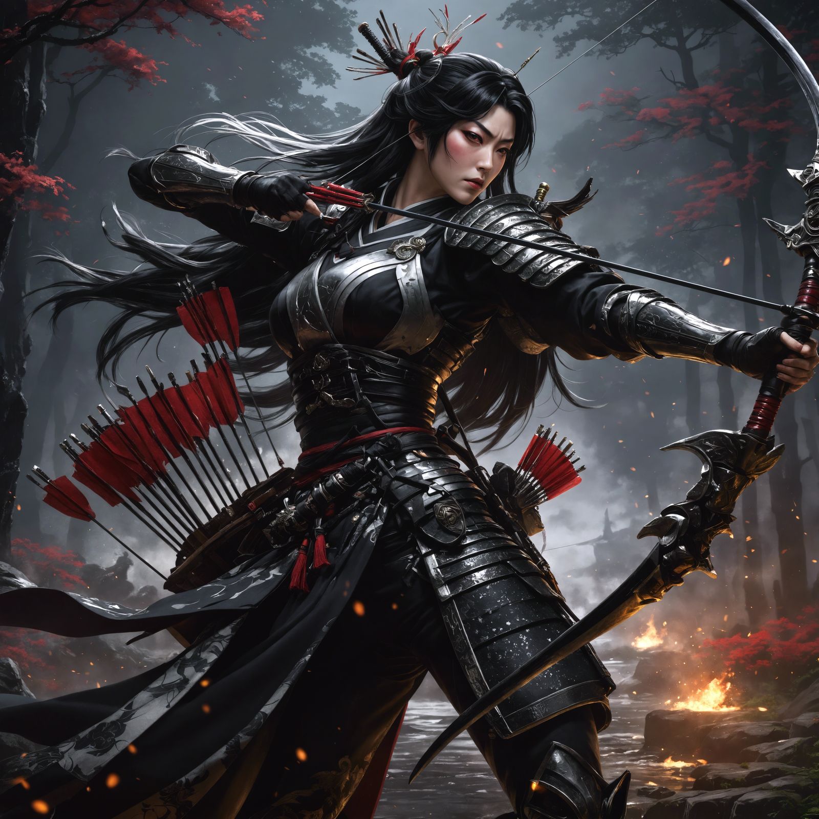 Samurai Archer in a Dark Forest Battlefield