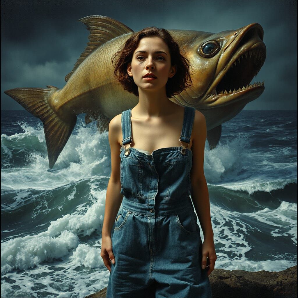 Surreal Horror: Woman Faces Monstrous Sea Creatures