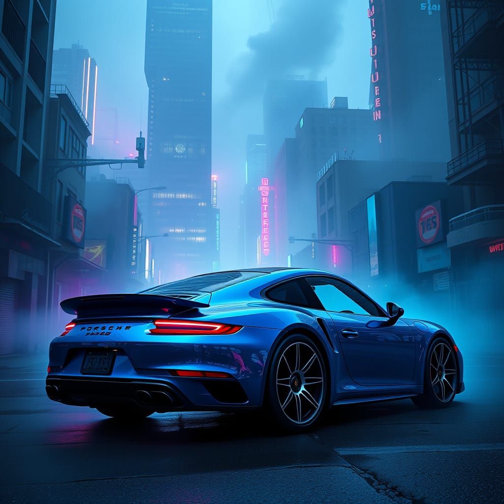 Sleek Metallic Blue Porsche 911 Turbo in Dystopian Cityscape