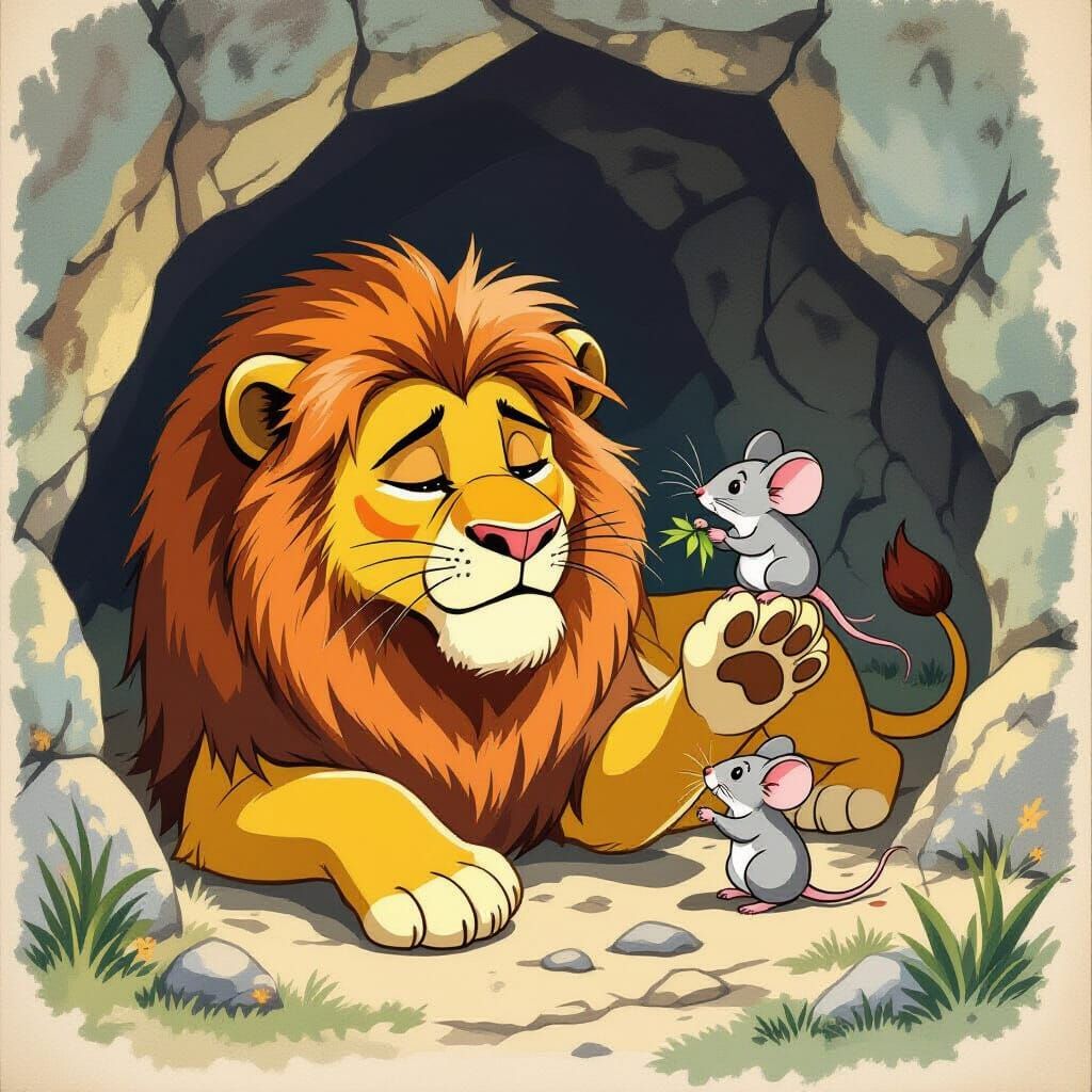 Lion and Mouse Healing in a Cave