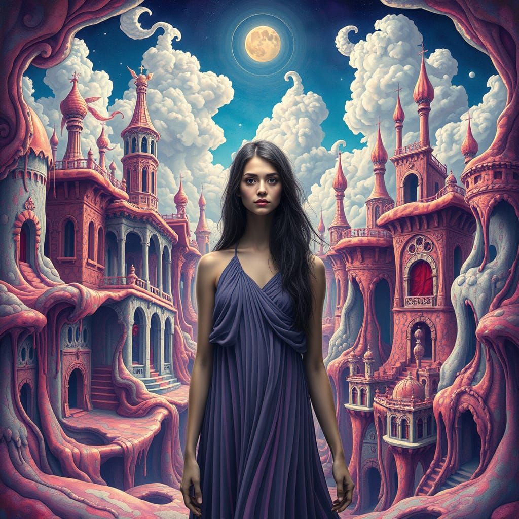 Dreamlike Scene with Mysterious Woman in Melting Architectur...