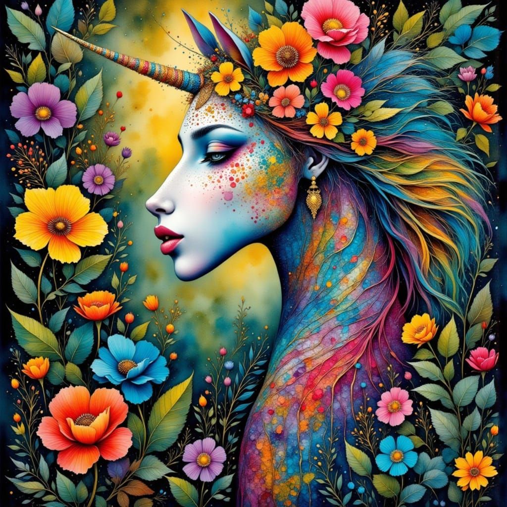 Vibrant Indian Unicorn in Polynesian Tattoo Style