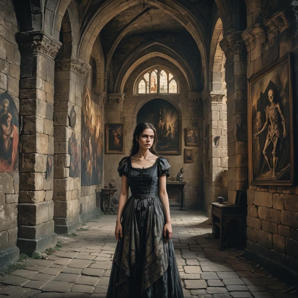 Gothic Castle: Woman Gazing at Horror Paintings