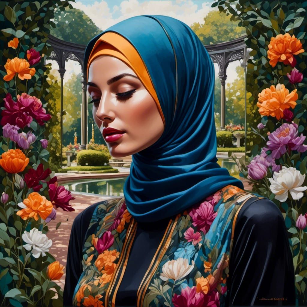 Woman in Hijab Portrait, Oil-Guache Style