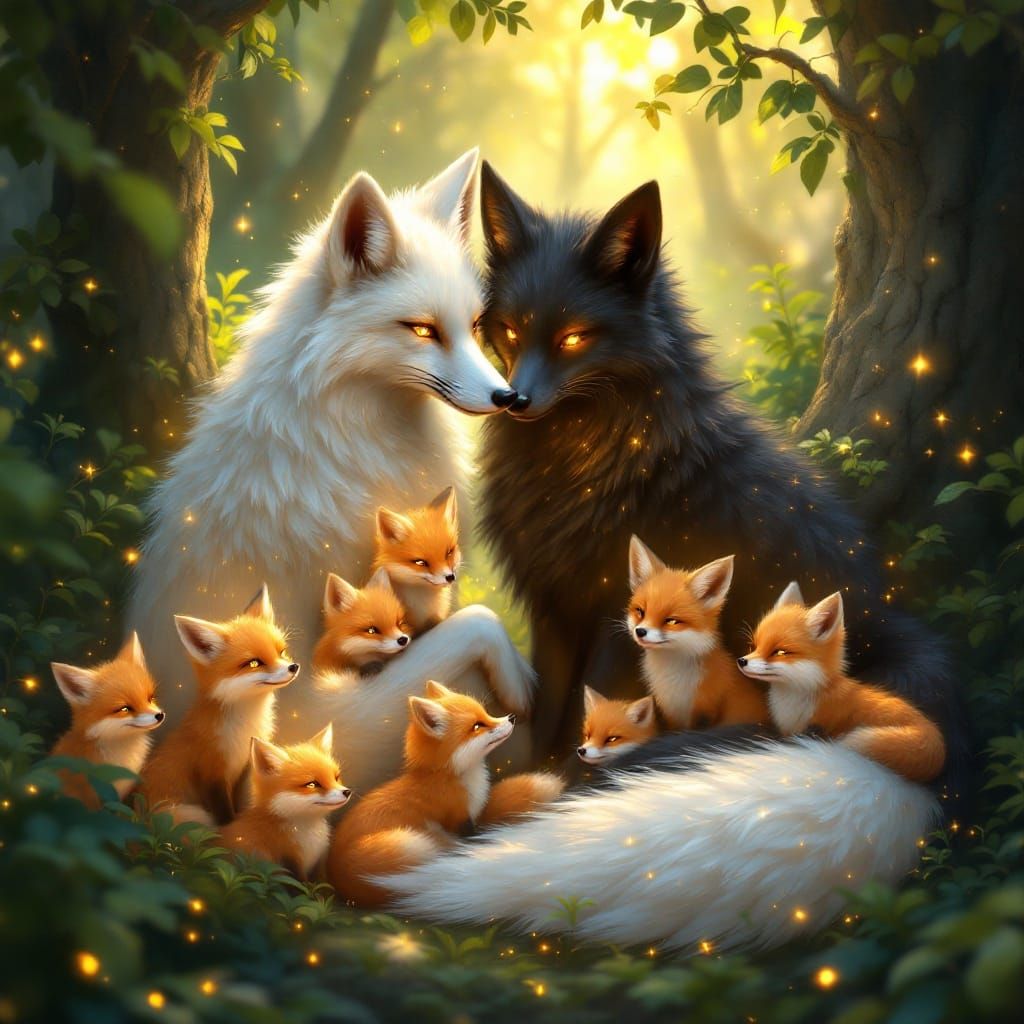 Magical Fox Family in Enchanted Forest