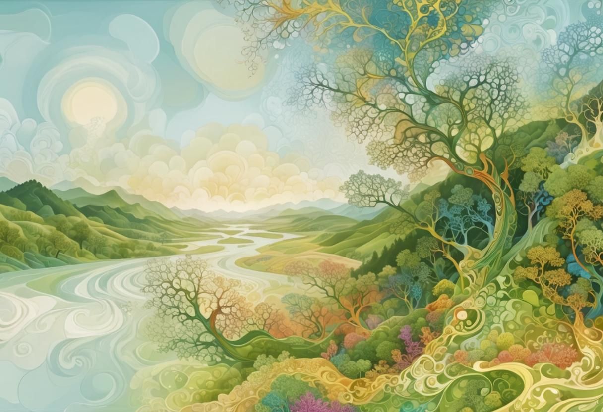 Abstract River Landscape with Zentangle-Inspired Fractals