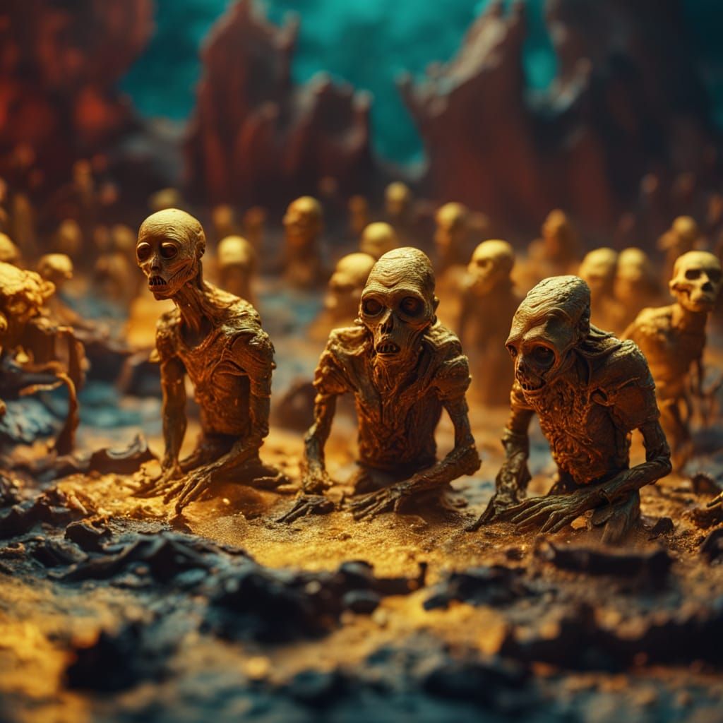 Surreal Clay Figures Dematerializing in Eerie Golden Hour