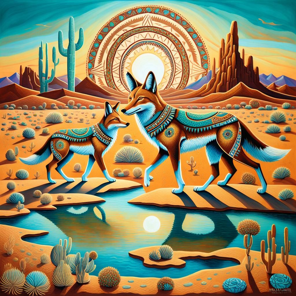 Spiritual Coyotes in Vibrant Desert Landscape