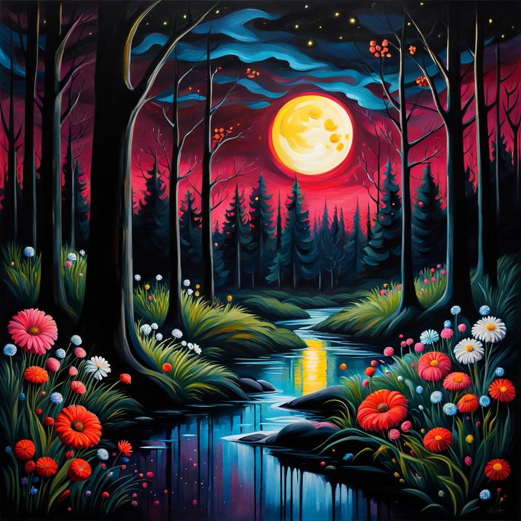 Eerie Forest at Night in Modern Oil Painting Style