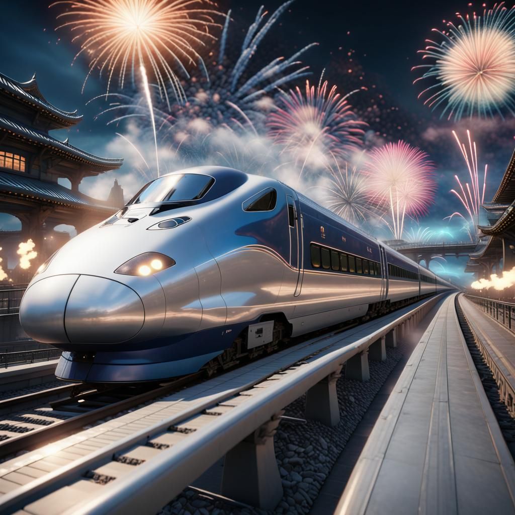 Futuristic Silver Bullet Train with Fireworks Display