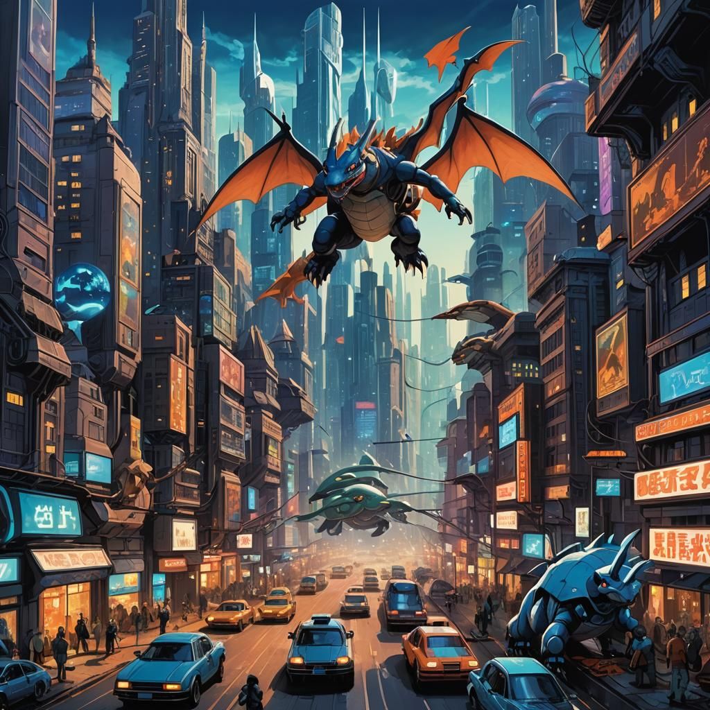 Pokémon Planet Metropolis in Cyberpunk Anime Style
