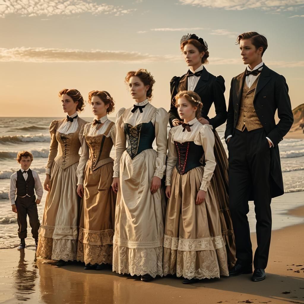 Women in Elegant Victorian Attire Standing at the Water's Ed...