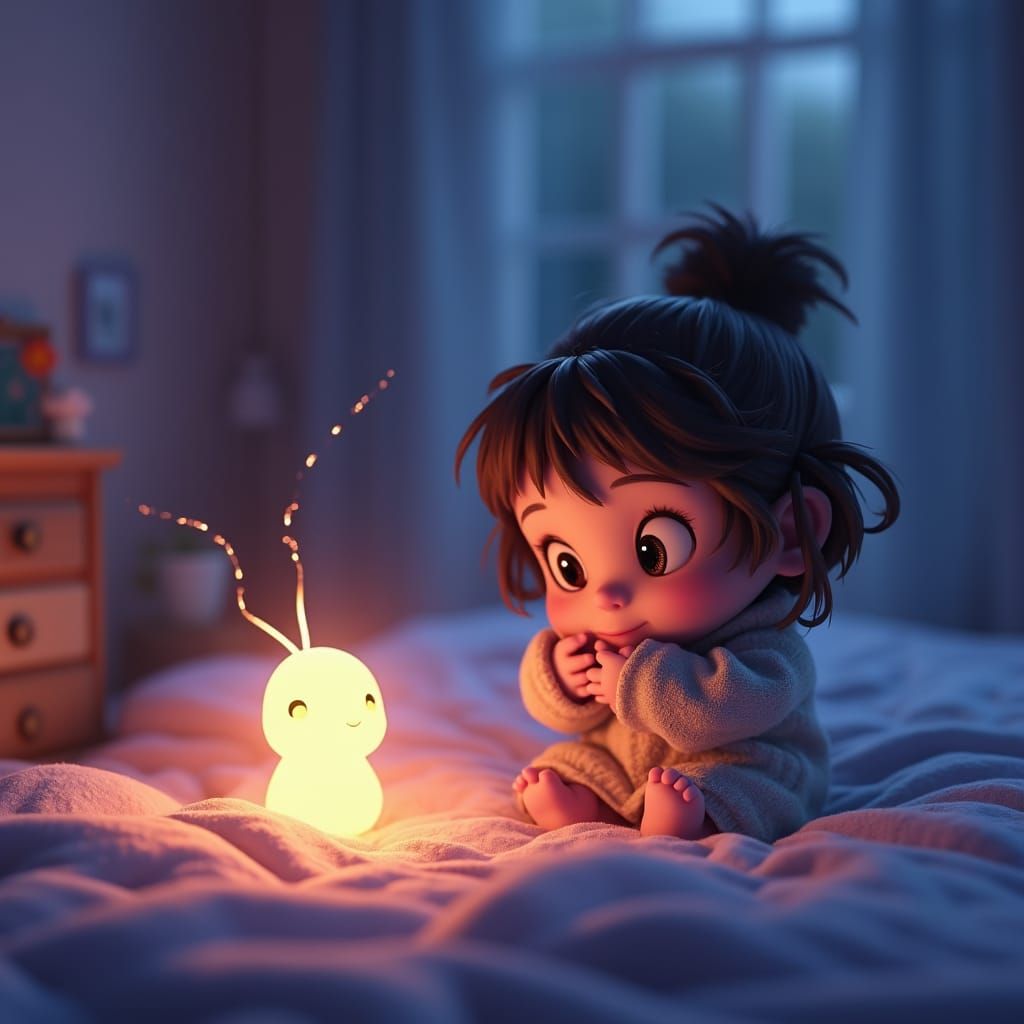 Girl Stares at Glowing Spirit in 3D Digital Art