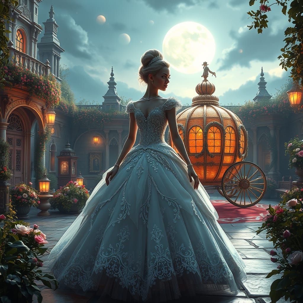 Whimsical Princess in Lavish Ball Gown Amidst Moonlit Palace...
