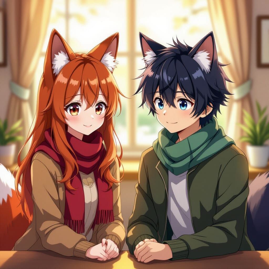 Anime Kitsune and Cat Boy in Cozy Studio Ghibli Style