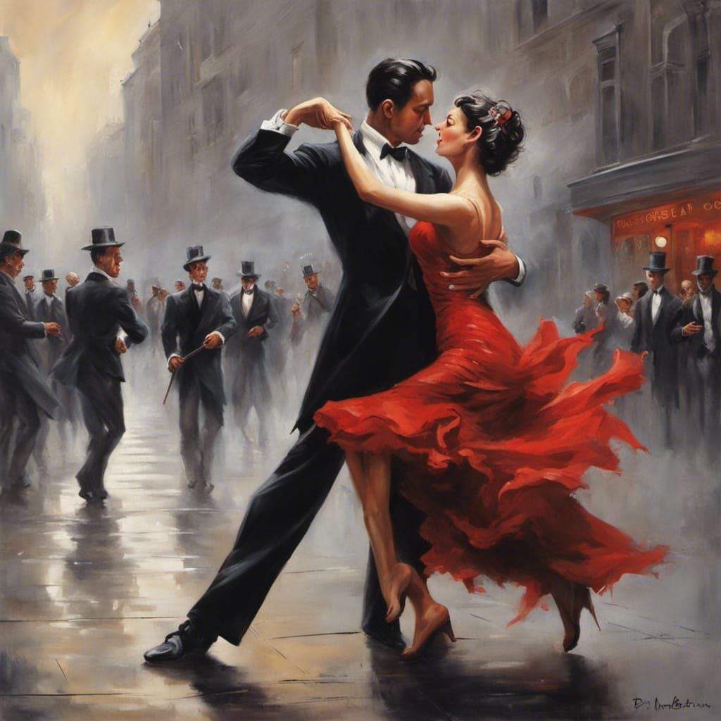 Passionate Tango Dancers in Impressionistic Street Scene