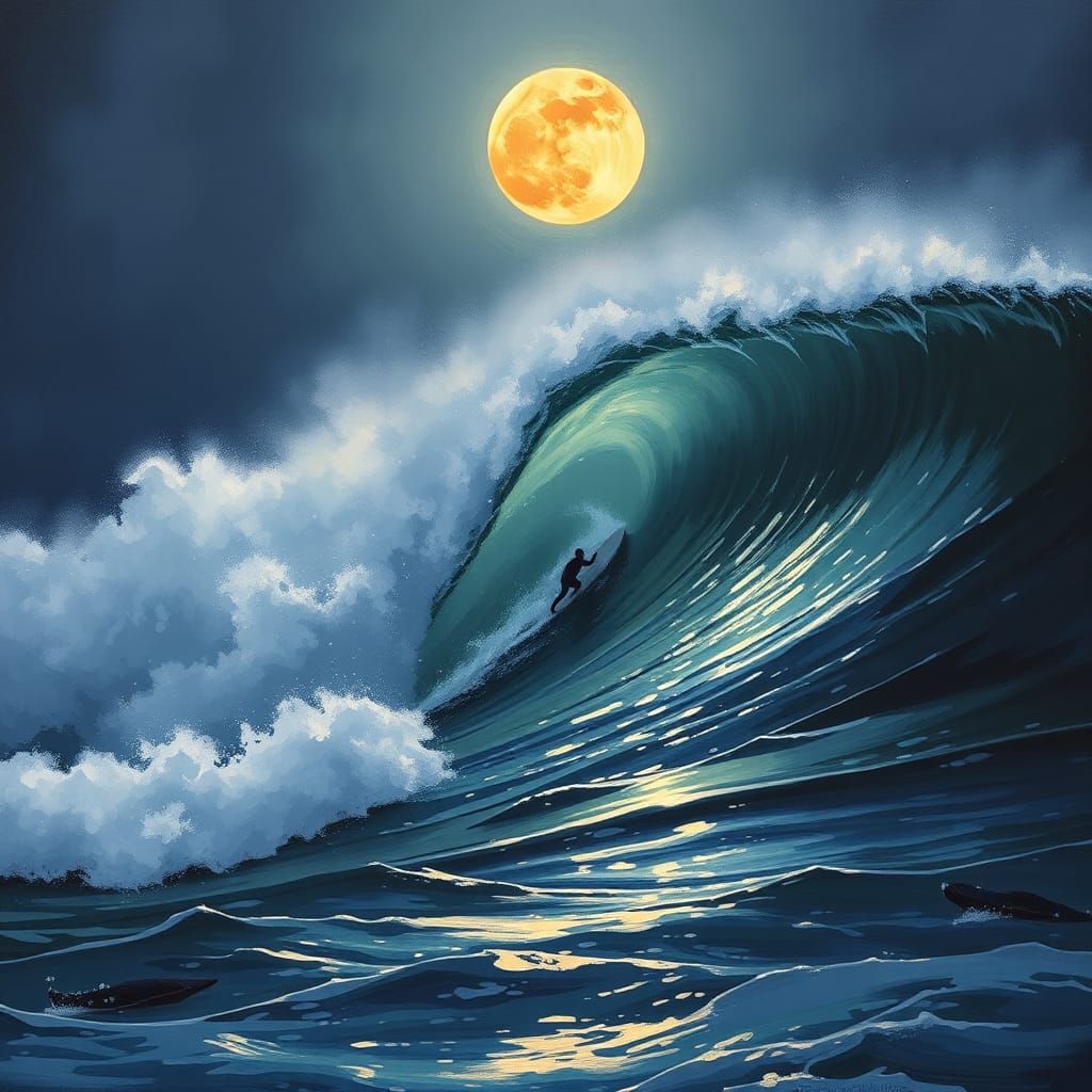 Ocean Waves Under Hunter's Moon, Oil Painting