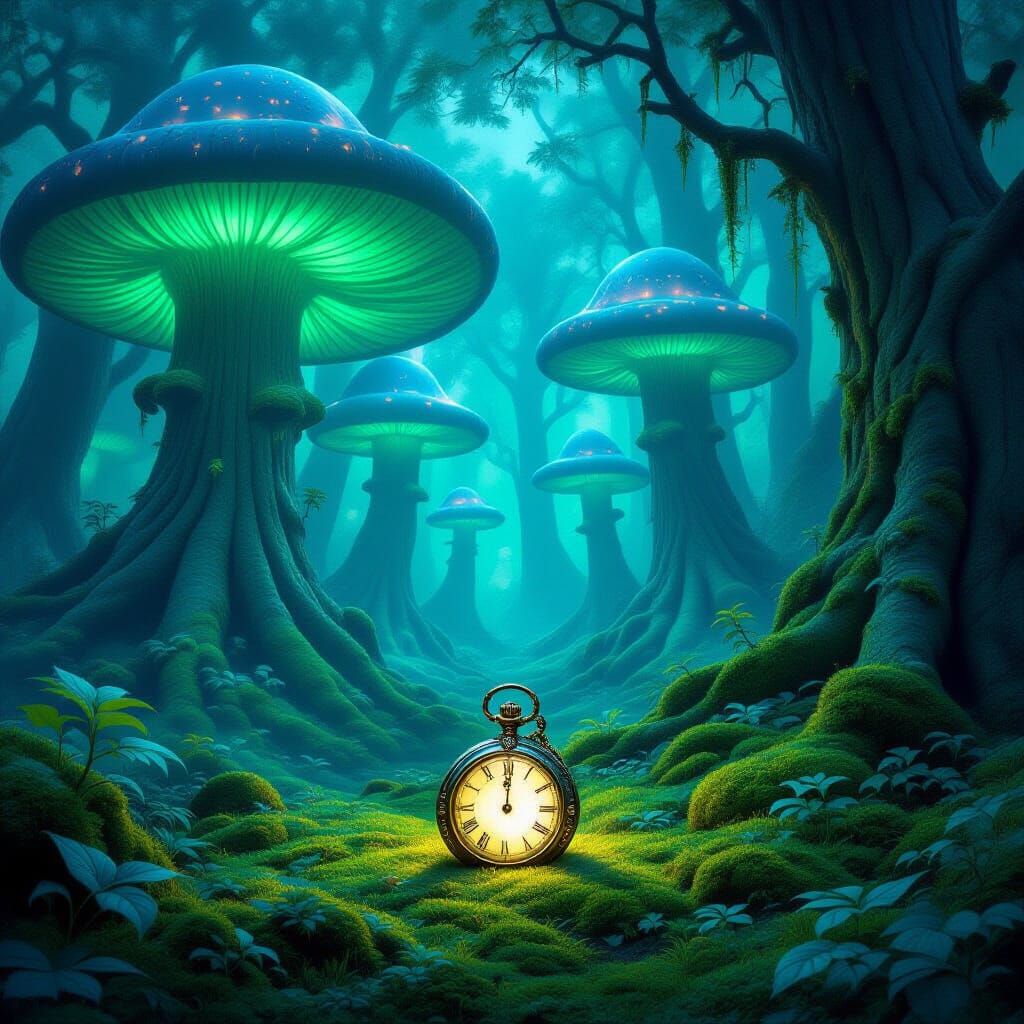 Mystical Forest with Glowing Mushrooms and Ancient Pocket Wa...