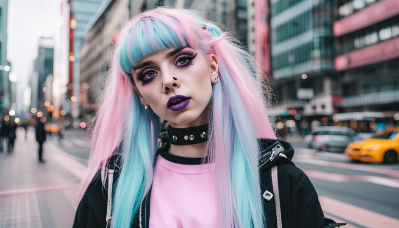 Pastel Goth Girl in Cityscape, 8K Resolution