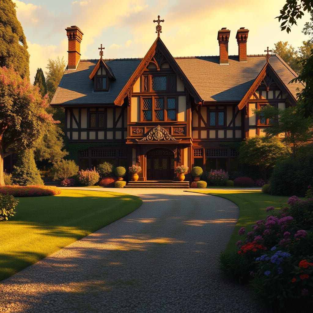 Majestic Tudor Home Amidst Vibrant Landscape in Fantasy Styl...