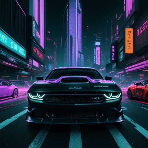 Cyberpunk Doge Challenger AMG Speeds Down Neon City Street