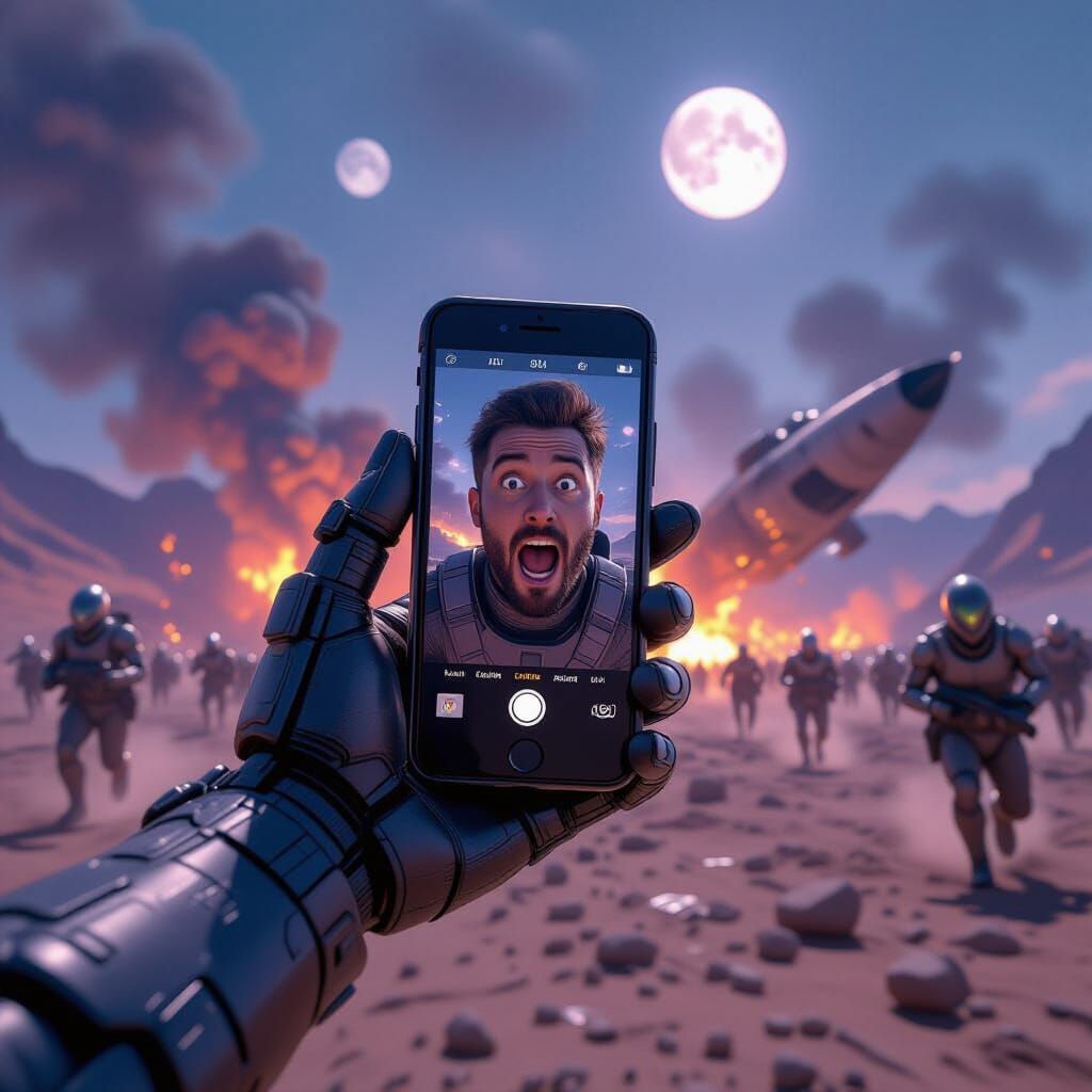 Frantic Alien Selfie: Armored Soldier on Alien World