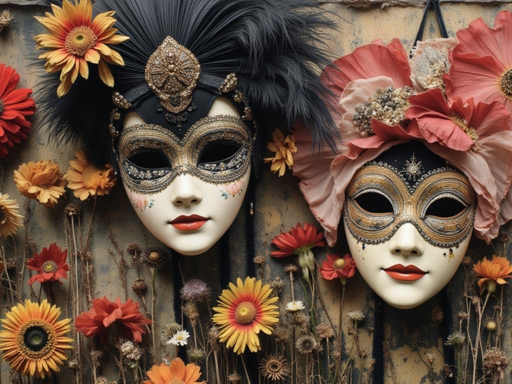 Bohemian Carnival Masks with Floral Collage and Feathers