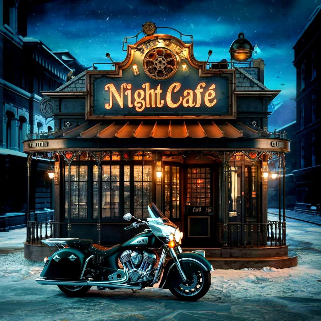 Steampunk Night Cafe with Motorcycle in Victorian City